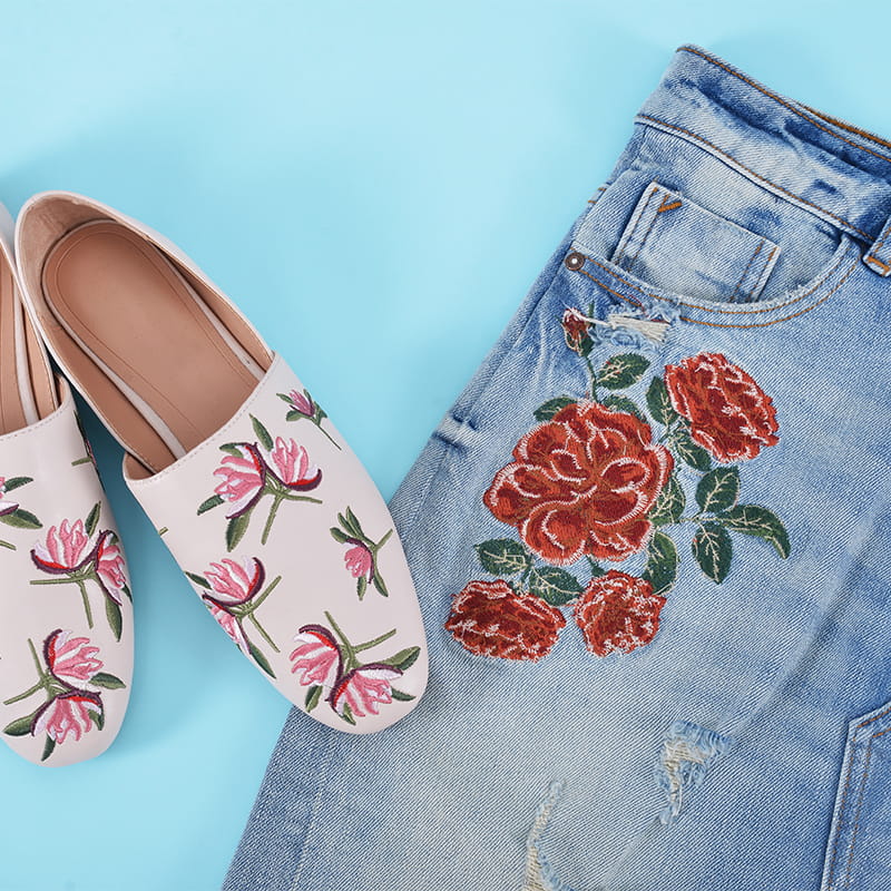 Embroidery,floral,rose,Female,Jeans,Skirt,,Shoes,–blue,Background